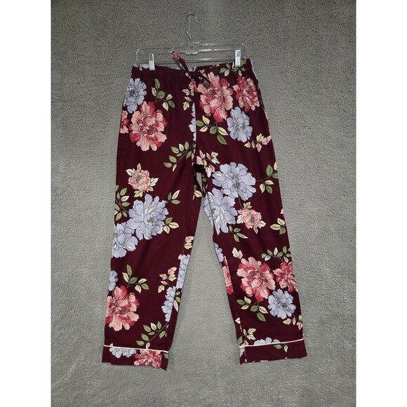 Liz Claiborne Cotton Pajama Set Womens M Burgundy Floral Button Front Warm LS - Picture 9 of 13